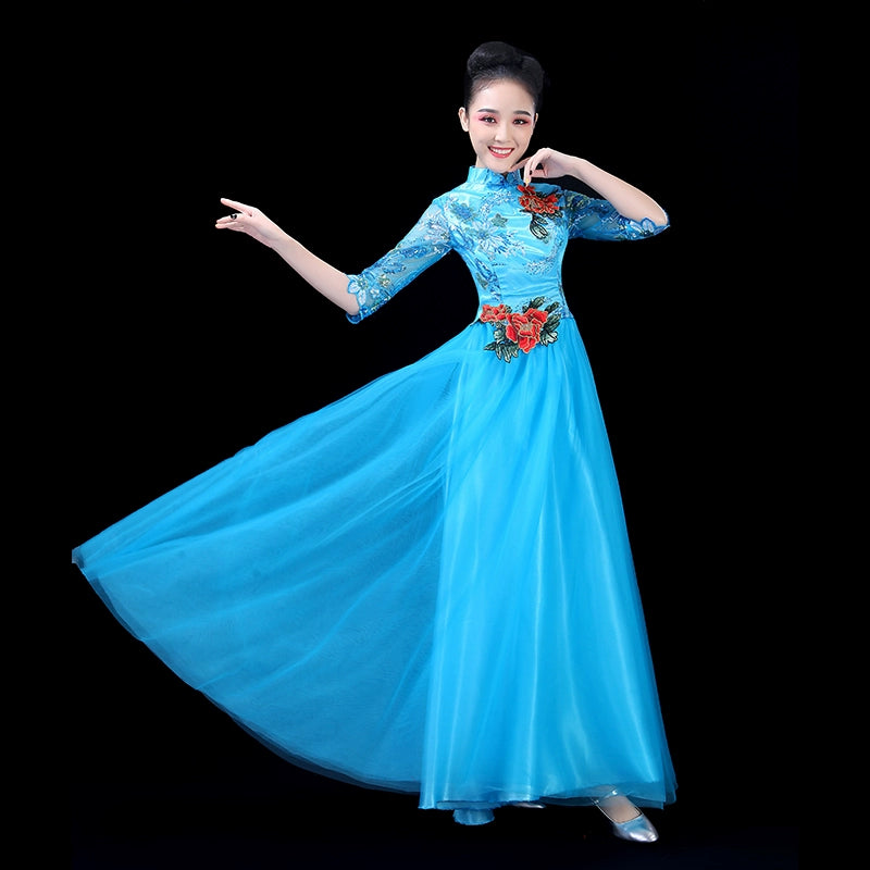Chinese Folk Dance Costume Opening Dance Dress, Dance Dress, Chorus Costume, Modern Dance Chorus Leader Dress, Song and Dance Costume - Moderndancedress.com