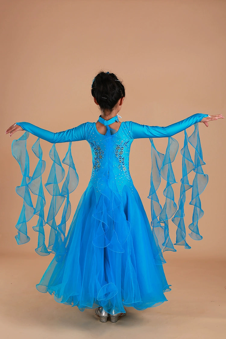 Children's Blue Pink Green Ballroom Dance Dress for Kids Girls Competition Waltz Tango Foxtrot Smooth Dance Long Gown for Kids - Moderndancedress.com