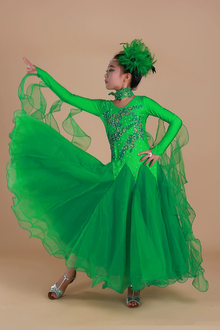 Children's Blue Pink Green Ballroom Dance Dress for Kids Girls Competition Waltz Tango Foxtrot Smooth Dance Long Gown for Kids - Moderndancedress.com