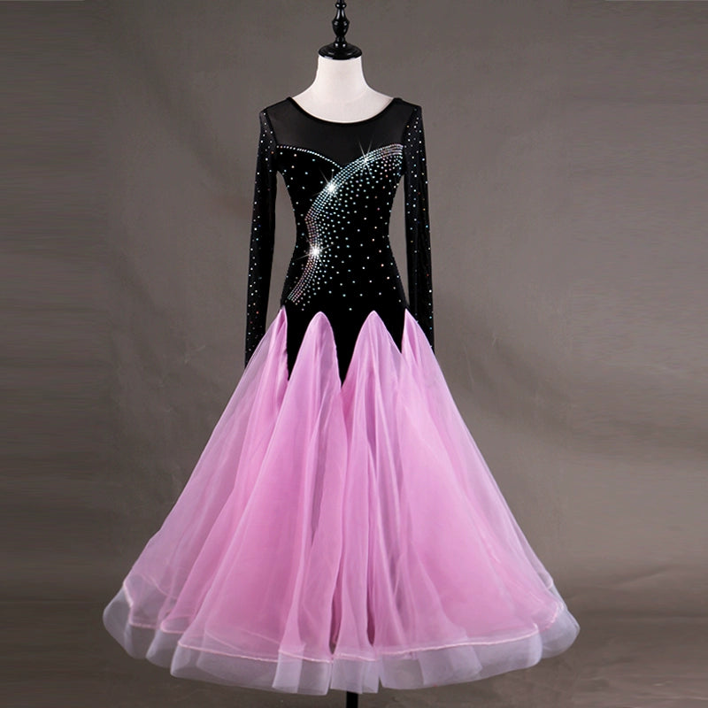 Ballroom Dance Dresses Women's Performance Chinlon Appliques / Splicing / Paillette Long Sleeve High Dress - Moderndancedress.com