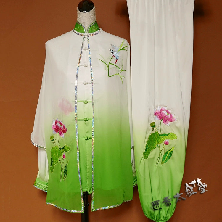 Custom size Lotus embroidery green white gradient tai chi clothing for women men martial art competition chinese kungfu wushu uniforms - Moderndancedress.com