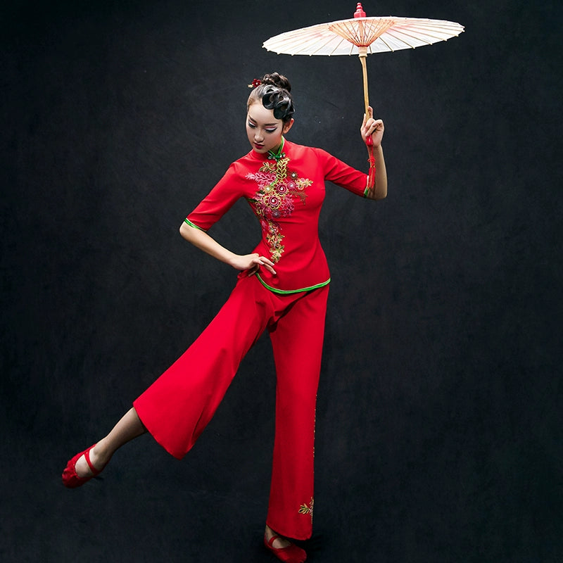 Chinese Folk Dance Costumes Yangko costume, umbrella dance, classical dance costume, female square fan suit for adults - Moderndancedress.com