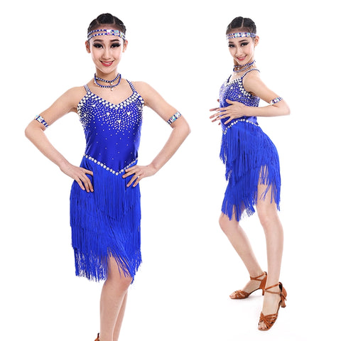 girl tassel Latin dance dress Latin dance performance clothing girls bright diamond tassel Latin dance skirt children Latin competition clothing - Moderndancedress.com