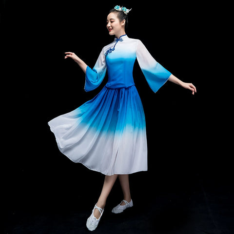 Chinese Folk Dance Costume Opening Dance Blue and White Porcelain Modern Dance Dress Chorus Long Skirt Chinese Kite Performing Dress Female Adults