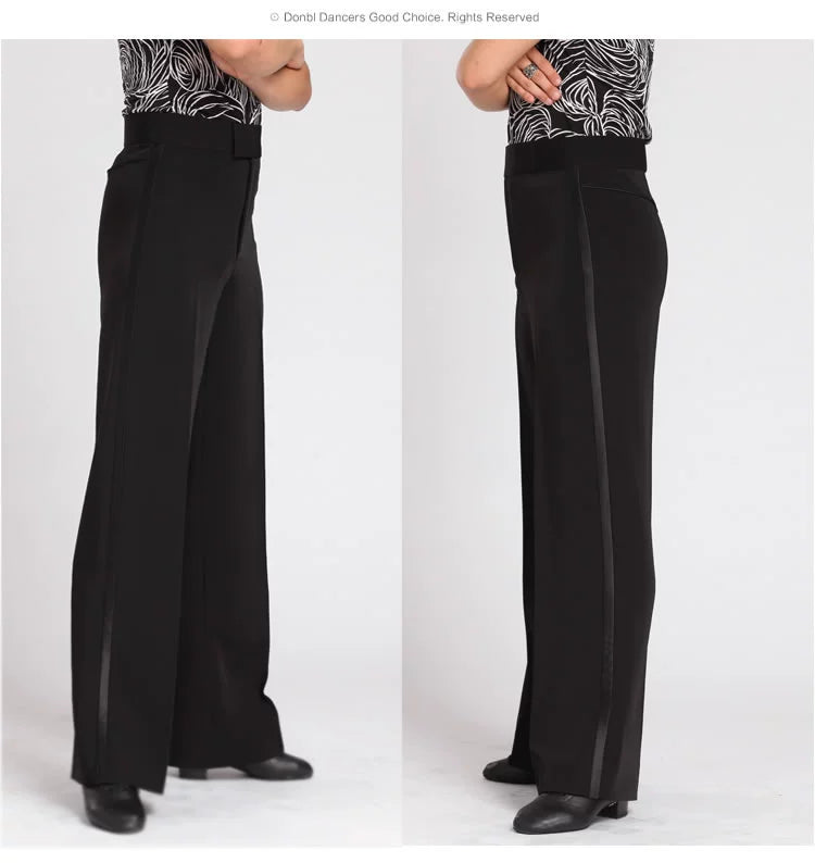 Men's black Ballroom latin Dance Pants Waltz tango Modern flamenco chacha Dance long trousers wide leg side with ribbon - Moderndancedress.com
