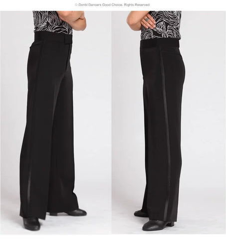 Men's black Ballroom latin Dance Pants Waltz tango Modern flamenco chacha Dance long trousers wide leg side with ribbon - Moderndancedress.com
