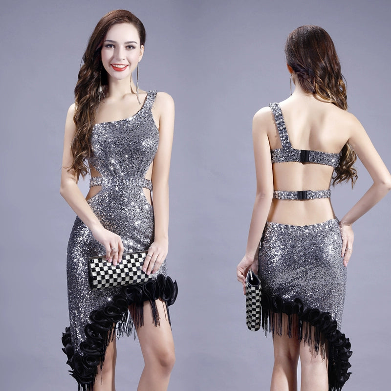 High-end Latin tassels dress with irregular diagonal nail beads on one shoulder and bare back - Moderndancedress.com