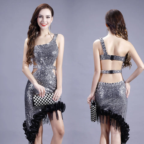 High-end Latin tassels dress with irregular diagonal nail beads on one shoulder and bare back - Moderndancedress.com