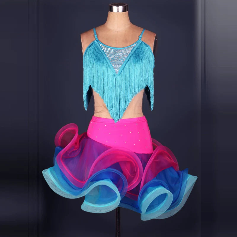 Latin Dance Dresses Mesh Long Sleeve Dance  Performing Dresses Rhinestones Long Sleev Dress - Moderndancedress.com