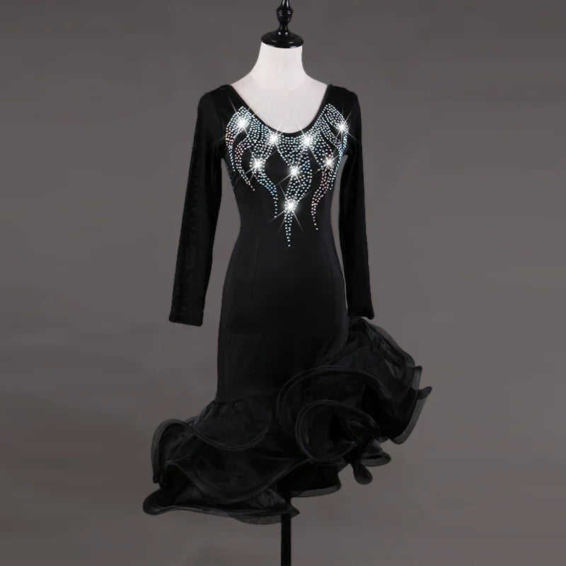 Latin Dance Dresses Women's Training / Performance Spandex / Tulle Tassel / Crystals / Rhinestones Long Sleeve High Dress - Moderndancedress.com