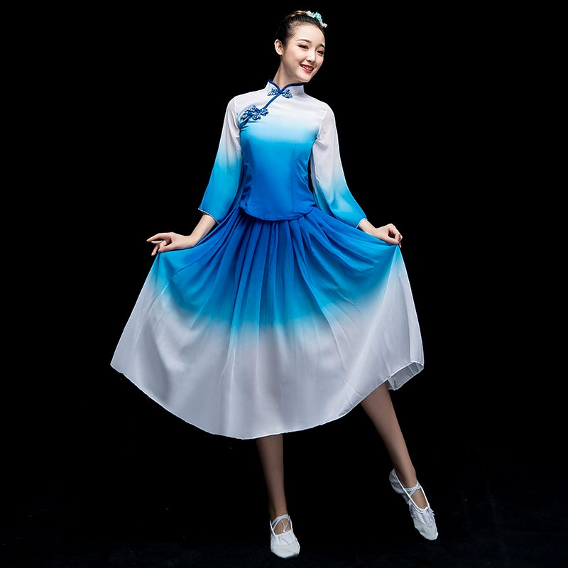Chinese Folk Dance Costume Opening Dance Blue and White Porcelain Modern Dance Dress Chorus Long Skirt Chinese Kite Performing Dress Female Adults - 