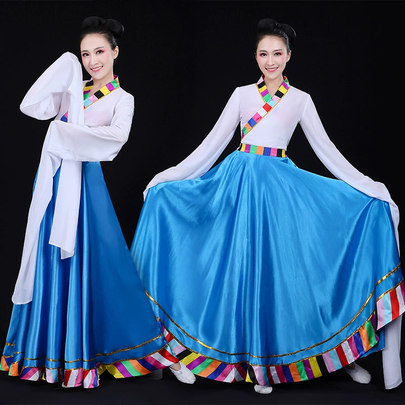Chinese Folk Dance Costume Watersleeve Tibetan Dance Performance Dress Female Adults Tibetan Dance Practice Skirt Ethnic Style Gongfu Classical Dance - Moderndancedress.com