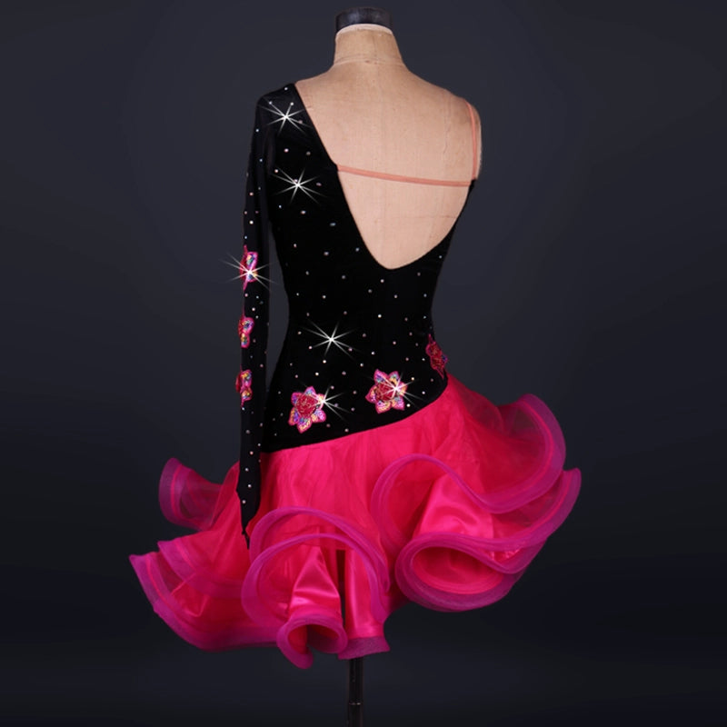 diamond-inlaid Latin dance competition dress imported velvet Latin dance dress for adult performance - Moderndancedress.com