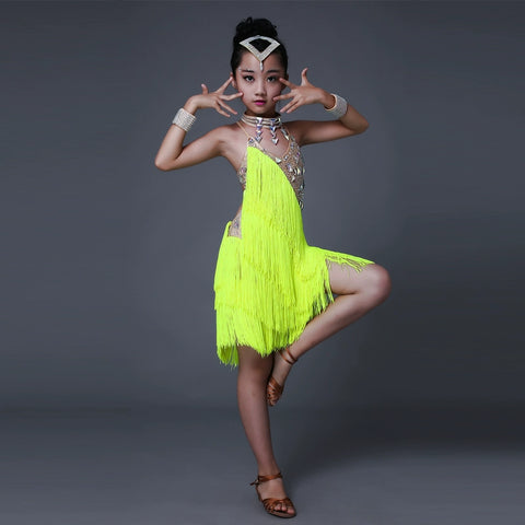 Children Coral yellow fringe competition Latin dance dresses for girls kids tube beads gemstones salsa rumba chacha dance outfits - Moderndancedress.com