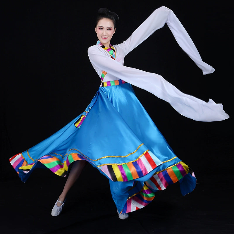 Chinese Folk Dance Costume Watersleeve Tibetan Dance Performance Dress Female Adults Tibetan Dance Practice Skirt Ethnic Style Gongfu Classical Dance - Moderndancedress.com