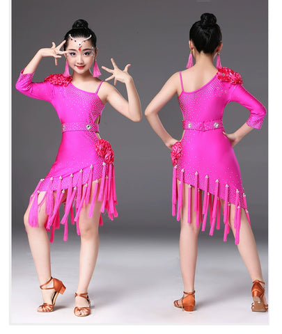 Children's Competition latin dance dresses blue pink red white slant one shoulder Latin dance performance costumes chacha rumba salsa dance outfits - Moderndancedress.com