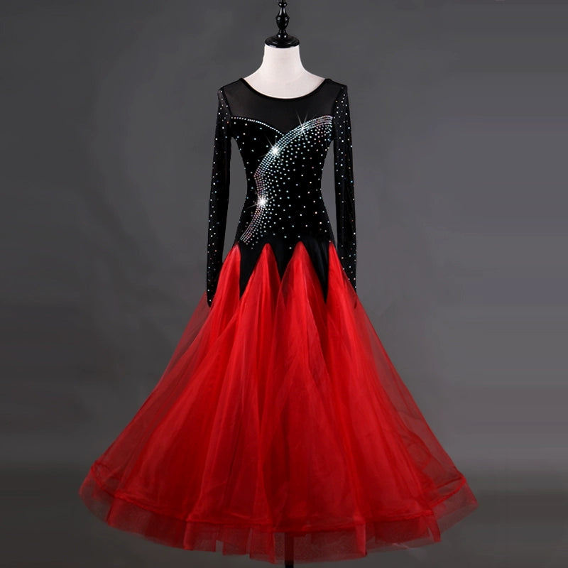 Ballroom Dance Dresses Women's Performance Chinlon Appliques / Splicing / Paillette Long Sleeve High Dress