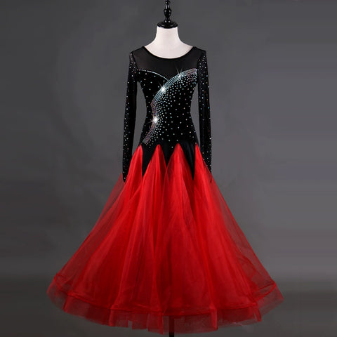 Ballroom Dance Dresses Women's Performance Chinlon Appliques / Splicing / Paillette Long Sleeve High Dress - Moderndancedress.com