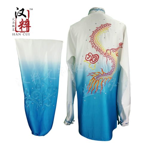 Tai Chi Competition Show Wushu Clothing Long Sleeve Embroidery Dragon Gradual Overcolor Sequins Customized for Adult Children