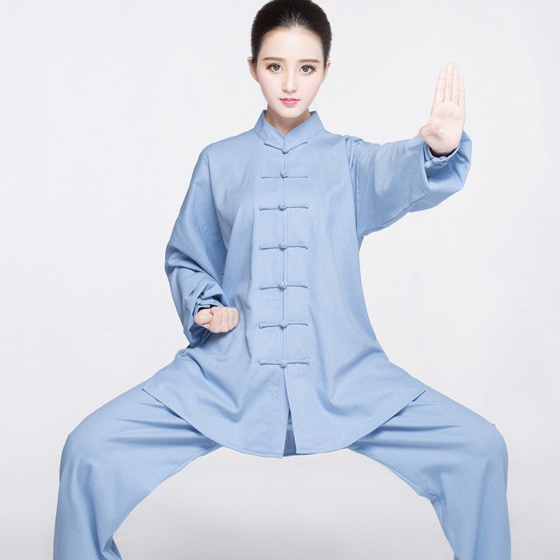Light purple blue Tai chi Clothes for women and men linen martial art uniforms wushu tai ji quan stage performance clothing chinese kung fu morning fitness clothes