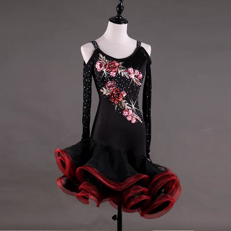Long Sleeve Latin Dance Competition Show Shoulders Performing Dresses Adult Female Professional High-end Decorated Latin Dance Dresses - Moderndancedress.com