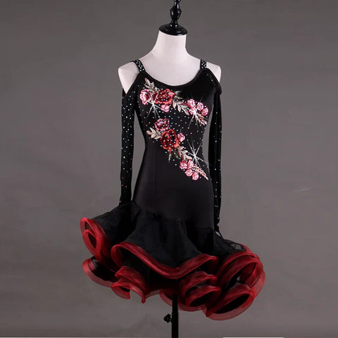 Long Sleeve Latin Dance Competition Show Shoulders Performing Dresses Adult Female Professional High-end Decorated Latin Dance Dresses - Moderndancedress.com