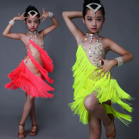 Children Coral yellow fringe competition Latin dance dresses for girls kids tube beads gemstones salsa rumba chacha dance outfits - Moderndancedress.com