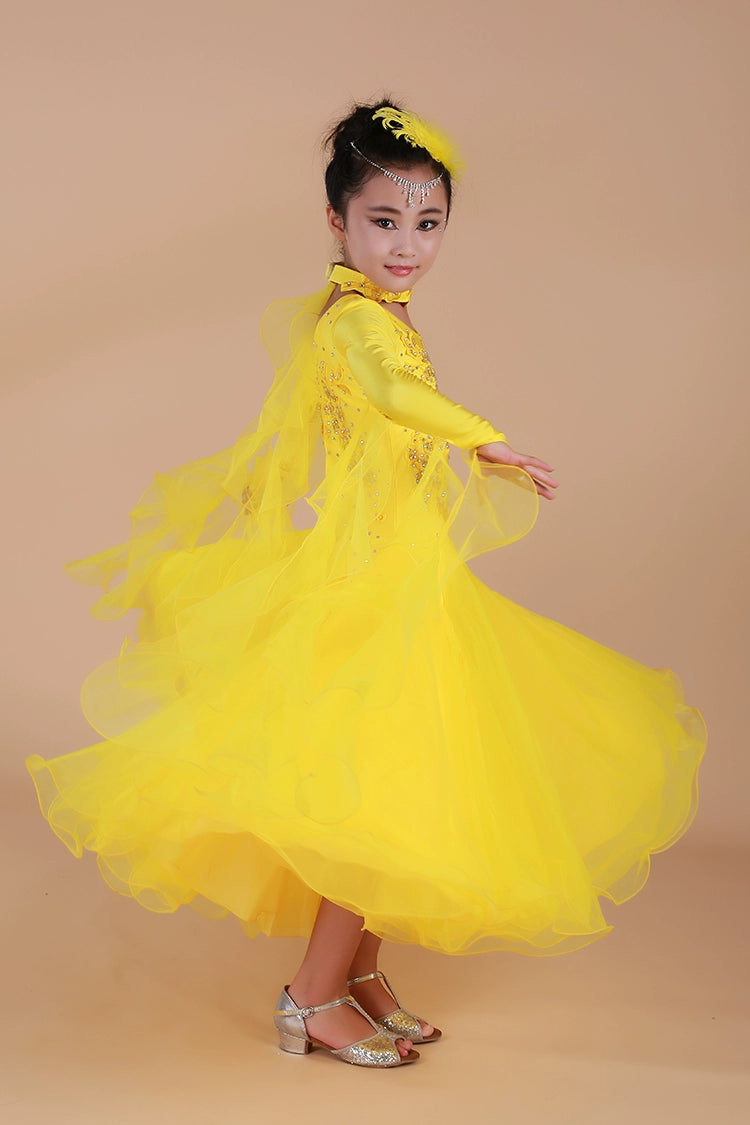 Children's Blue Pink Green Ballroom Dance Dress for Kids Girls Competition Waltz Tango Foxtrot Smooth Dance Long Gown for Kids - Moderndancedress.com