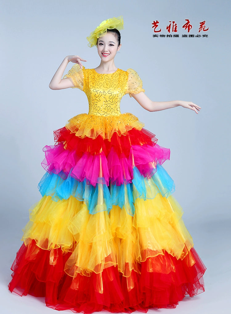 Chinese Folk Dance Costumes women flamenco rainbow dance chorus dress opening dance big skirt stage performance dress - Moderndancedress.com