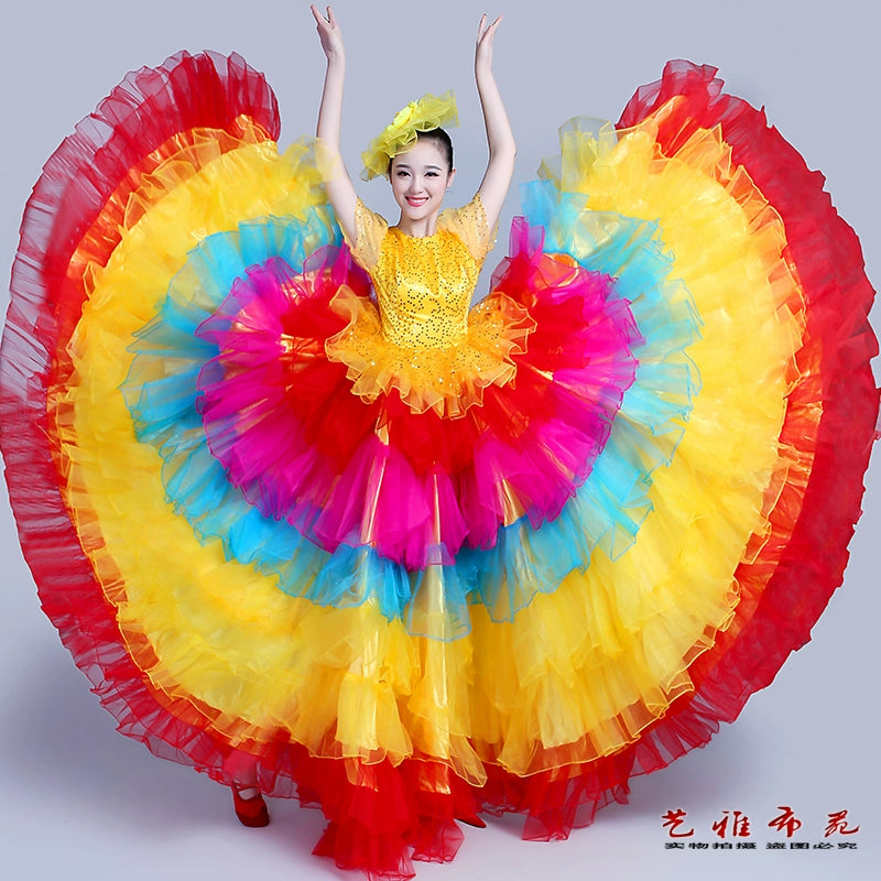 Chinese Folk Dance Costumes women flamenco rainbow dance chorus dress opening dance big skirt stage performance dress - Moderndancedress.com