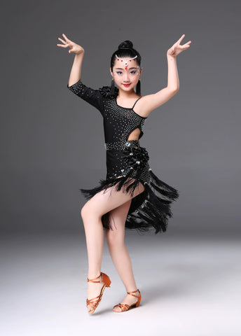 Children's Competition latin dance dresses blue pink red white slant one shoulder Latin dance performance costumes chacha rumba salsa dance outfits - Moderndancedress.com
