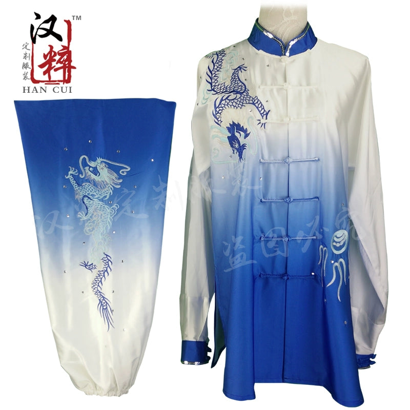 Tai Chi Competition Show Wushu Clothing Long Sleeve Embroidery Dragon Gradual Overcolor Sequins Customized for Adult Children