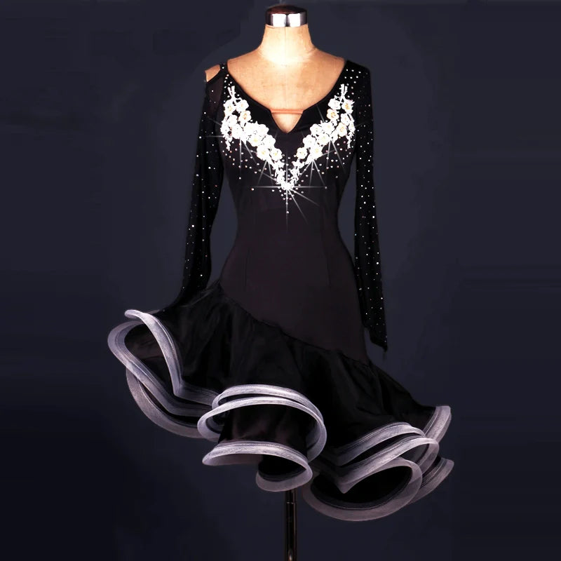 Latin Dance Dresses Women's Performance Spandex / Organza Crystals / Rhinestones Long Sleev Dress
