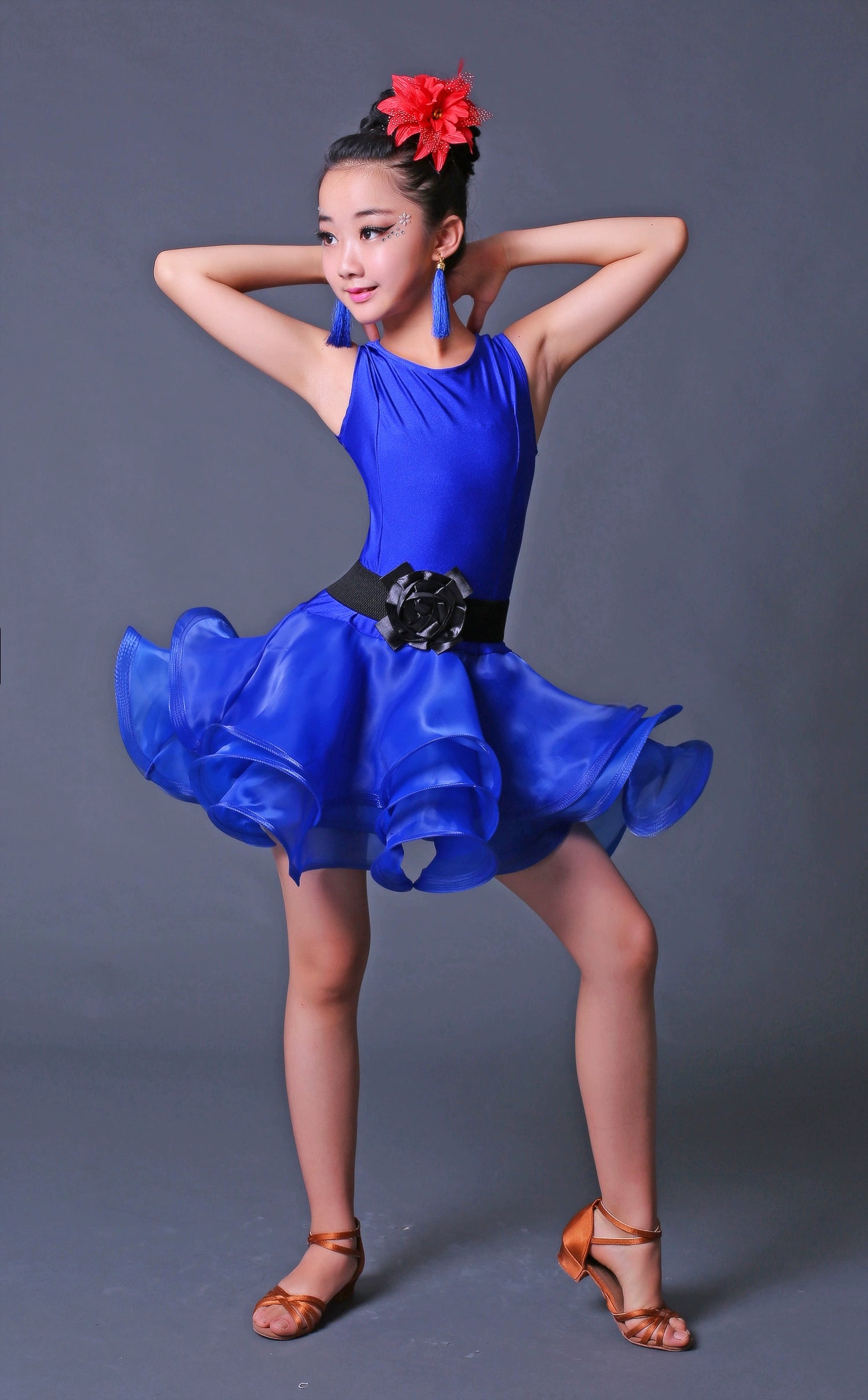 Children Competition Neon Green Pink Blue Latin Dance Dresses Ruffles Salsa Chacha  Performance Clothes for Girls - Moderndancedress.com