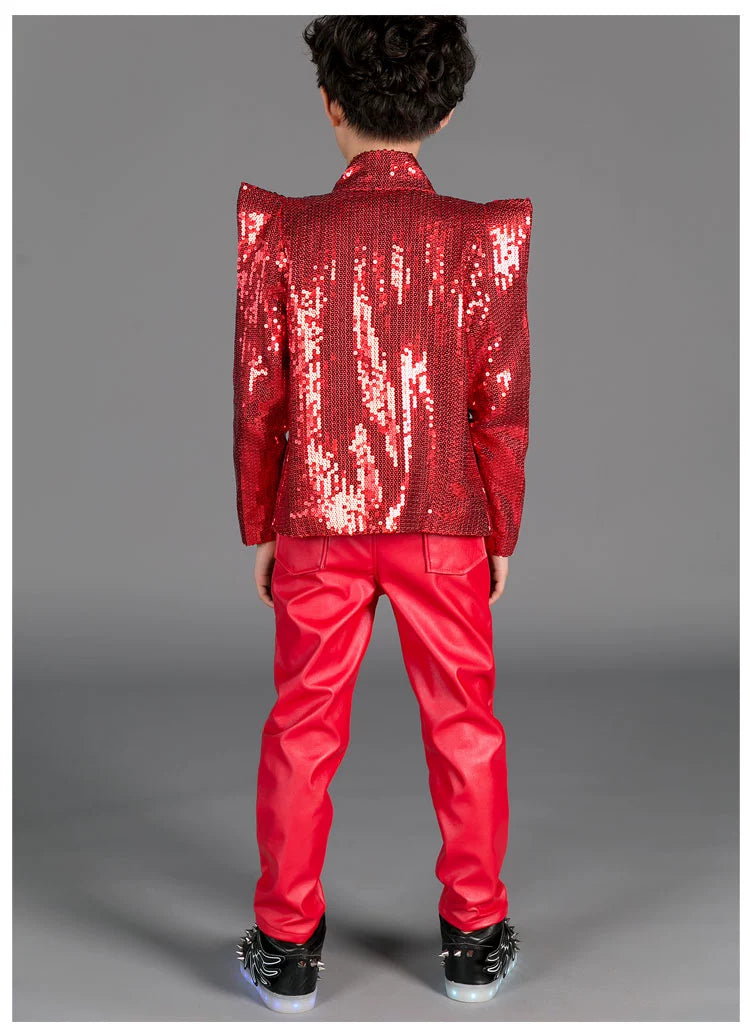 Boys Kids Red Sequins Pu Leather Rivet Jazz Dance Costumes Shrugged Shoulder Drummer Model Show Singers Host Model  Performance Outfits - Moderndancedress.com