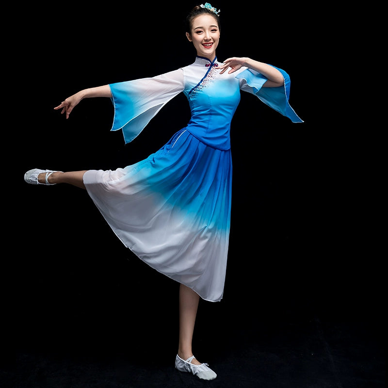 Chinese Folk Dance Costume Modern Dance Costume Female Adult Short Skirt Green Chorus Costume Guzheng Classical Dance Song and Dance Suit