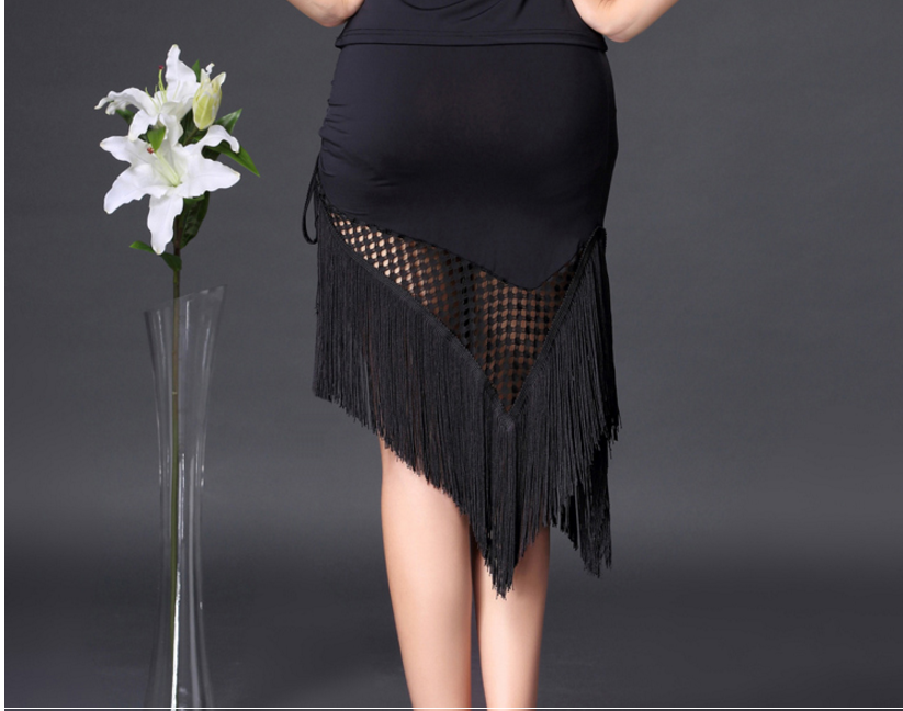 Black Latin half-length Skirt Dance Costume female adults tassels exercise skirt performance national standard - Moderndancedress.com
