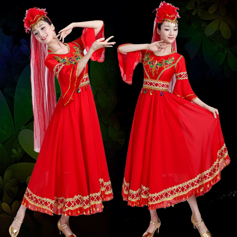 Folk Dance Costumes performance costume ethnic minority Uygur stage performance costume Xinjiang big dress long skirt girl - Moderndancedress.com