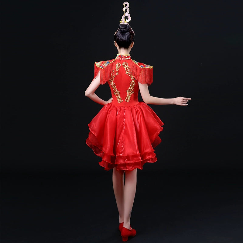 Jazz Dance Costumes Modern Dance Drum Drum Costume Performing Apparel Chinese Style Skirt National Dance Fan Dance Cheongsam Adult Women - Moderndancedress.com