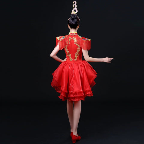 Jazz Dance Costumes Modern Dance Drum Drum Costume Performing Apparel Chinese Style Skirt National Dance Fan Dance Cheongsam Adult Women - Moderndancedress.com