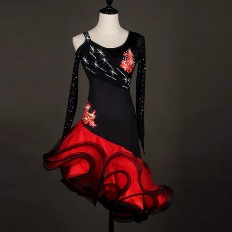 Latin Dance Dresses Women's Performance Spandex / Organza Crystals / Rhinestones  Long Sleev Dress - Moderndancedress.com