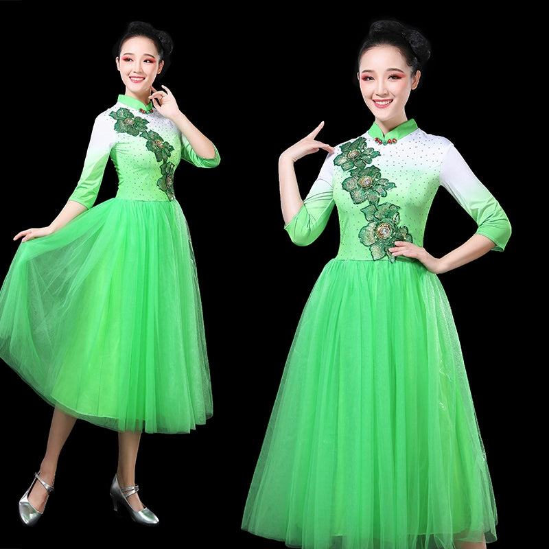 Chinese Folk Dance Costume Modern Dance Garments Adult Mid-long Opening Dance Dresses Women&amp;apos;s Chorus Dresses