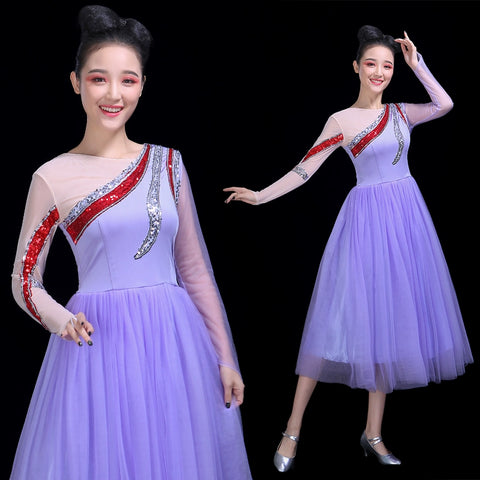 Chinese Folk Dance Costume Opening Dance Dress Female Adult Modern Dance Garment Chorus Fan Dance Performance Dress Pompon Skirt Classical Dance - Moderndancedress.com