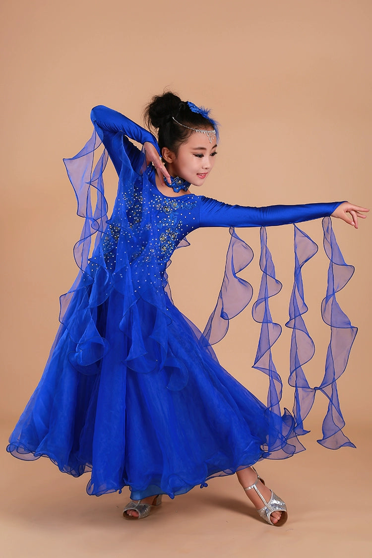 Children's Blue Pink Green Ballroom Dance Dress for Kids Girls Competition Waltz Tango Foxtrot Smooth Dance Long Gown for Kids - Moderndancedress.com
