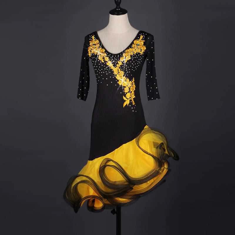 Latin Dance Costume competition dress with diamond-set sleeve in screen adult Latin dance dress - Moderndancedress.com