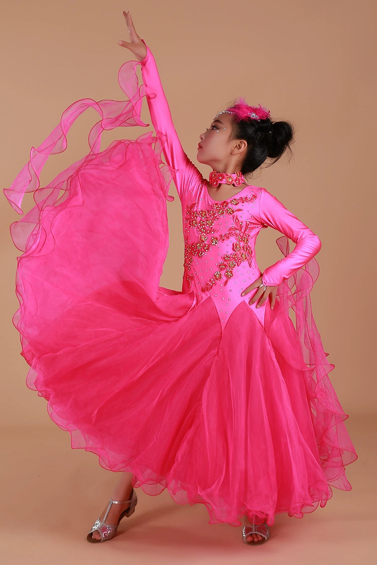 Children's Blue Pink Green Ballroom Dance Dress for Kids Girls Competition Waltz Tango Foxtrot Smooth Dance Long Gown for Kids - Moderndancedress.com