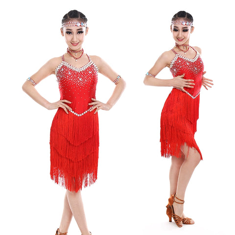 girl tassel Latin dance dress Latin dance performance clothing girls bright diamond tassel Latin dance skirt children Latin competition clothing - Moderndancedress.com