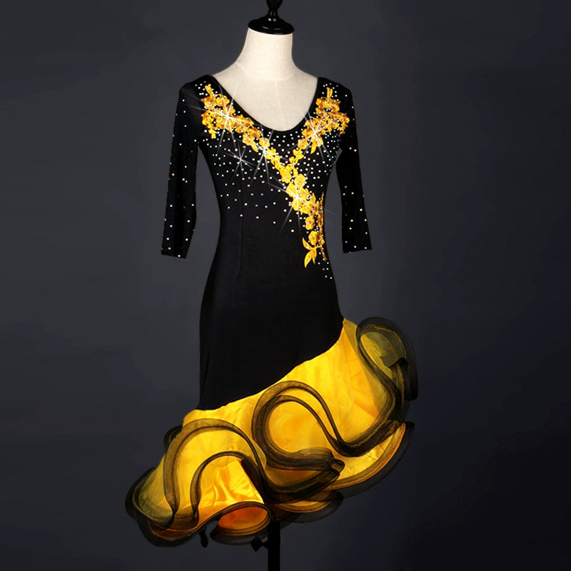 Latin Dance Costume competition dress with diamond-set sleeve in screen adult Latin dance dress