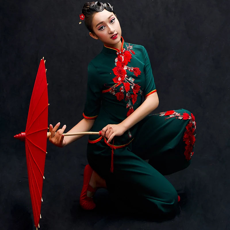 Chinese Folk Dance Costumes Yangko Dance Costume Performance Dress Female Classical Dance Fan Square Suit for Adults - Moderndancedress.com