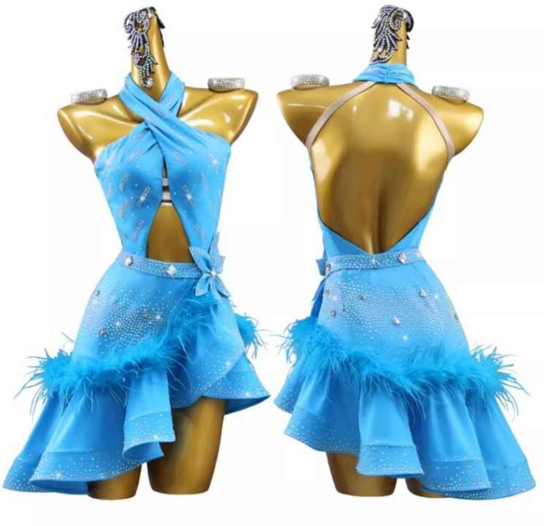 Customized Size Turquoise blue Feather competition latin ballroom dance dresses for women girls salsa rumba chacha dance wear for female